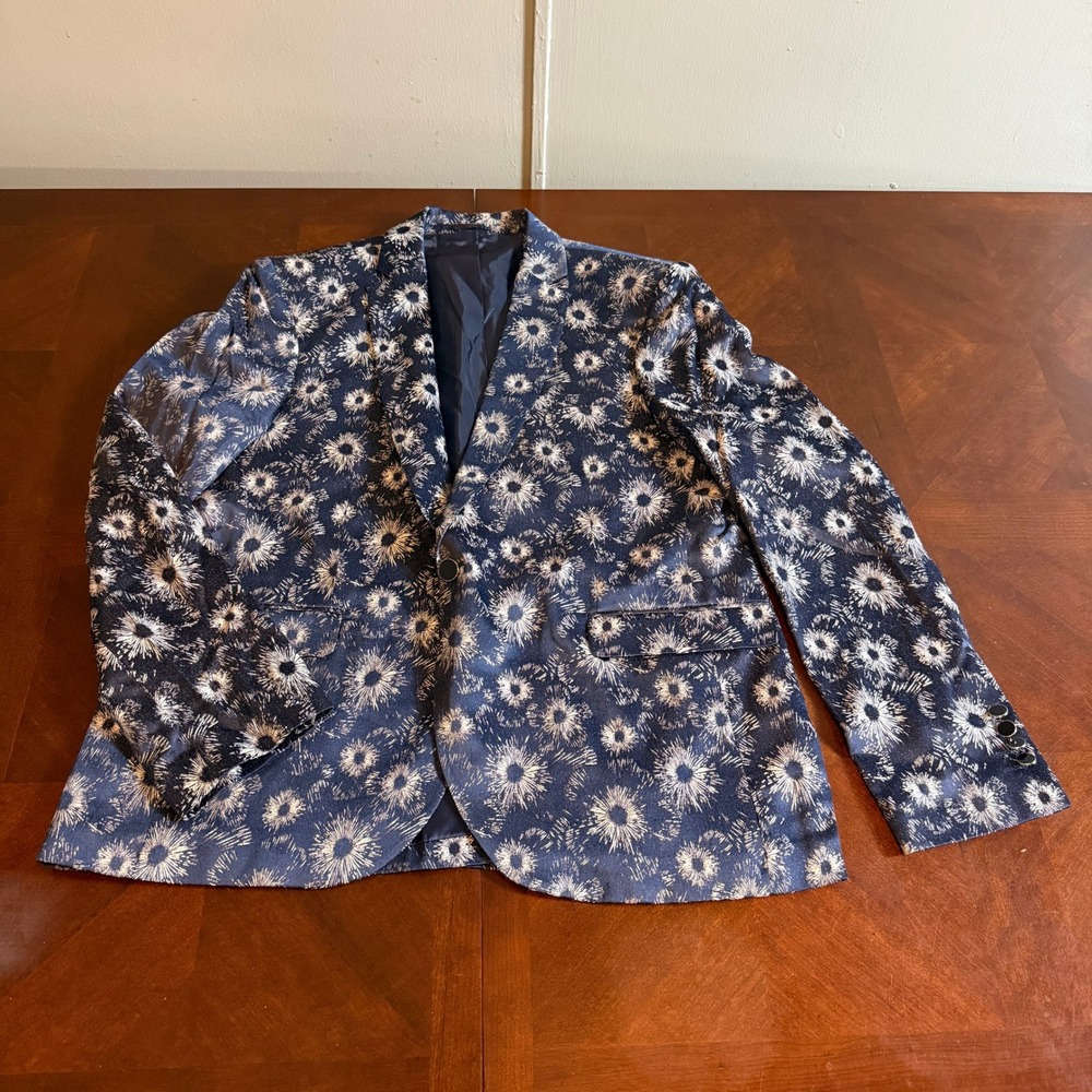 Bespoke Mens Navy Silver Sunburst Floral Cotton Blazer Jacket Size 44 UMY-01